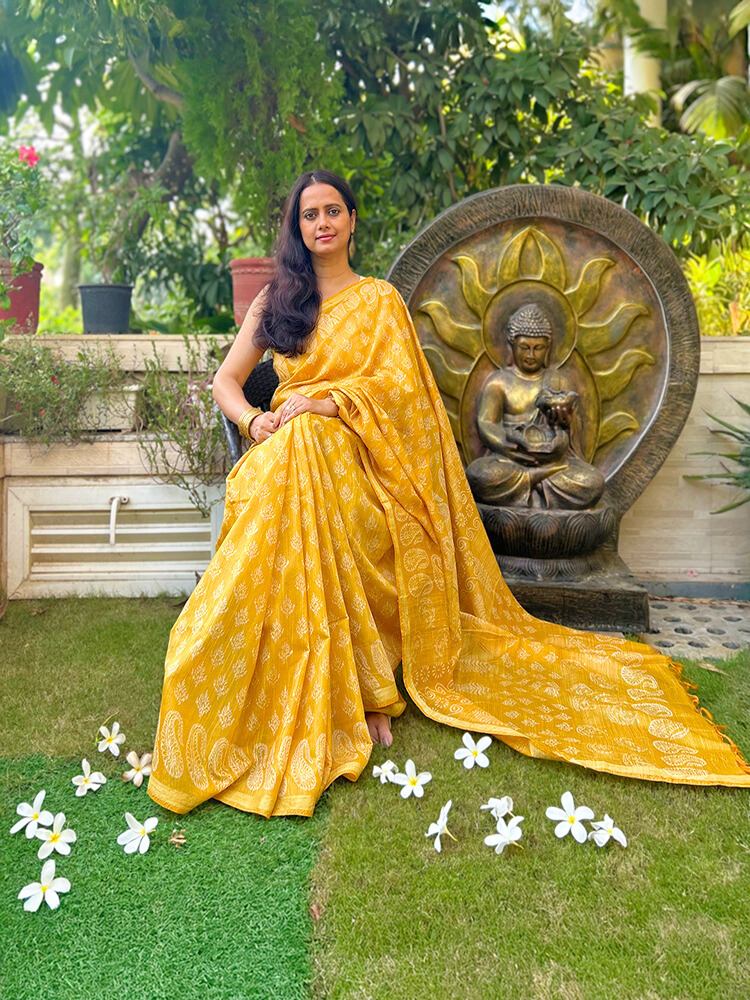 Bhagalpuri Silk Handblock Saree – Yellow